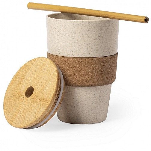 Bambusowy kubek podróżny 450 ml z wieczkiem, słomką i korkową obręczą (V0886-00)