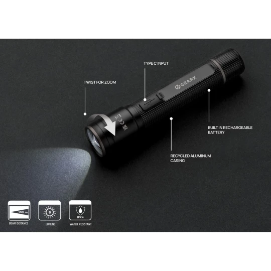Kieszonkowa latarka Gear X, ładowana przez USB, aluminium z recyklingu (P513.901)