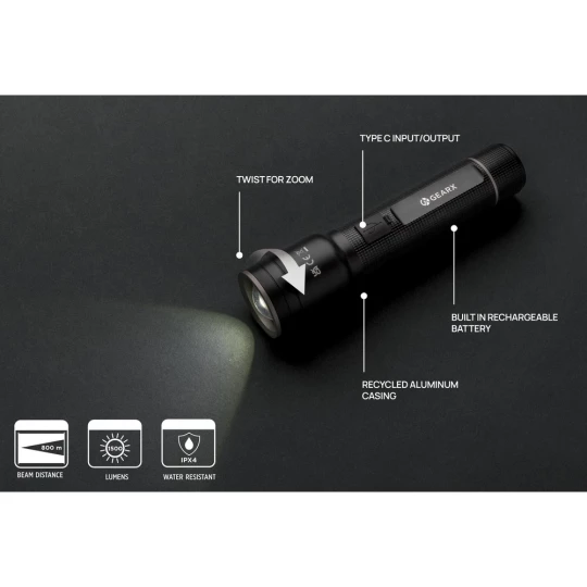 Duża latarka Gear X, ładowana przez USB, aluminium z recyklingu (P513.931)
