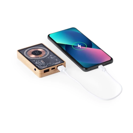 Magnetyczny bezprzewodowy bambusowy power bank 5000 mAh, ładowarka bezprzewodowa 15W (V2007-17)