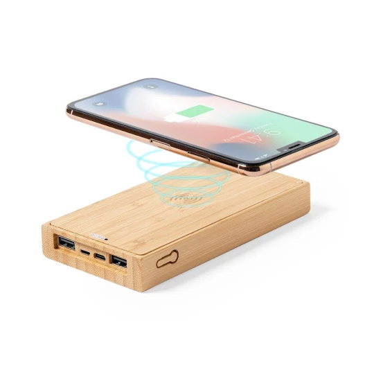 Bambusowy power bank 10000 mAh, bezprzewodowa ładowarka 5W, ładowarka słoneczna (V8335-16)