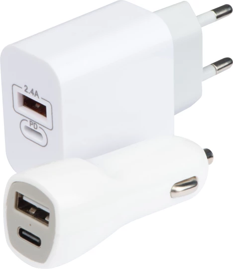Zestaw ładowarka samochodowa i wtyczka ładująca USB i USB typu C - biały - (GM-32516-06)