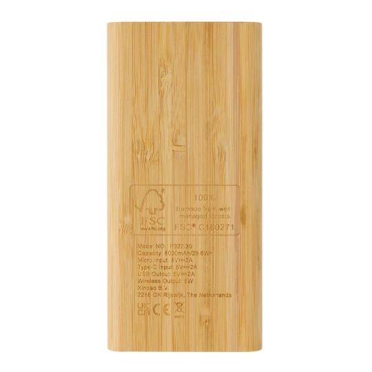 Bambusowy, bezprzewodowy power bank 8000 mAh, ładowarka bezprzewodowa 5W (P322.359)