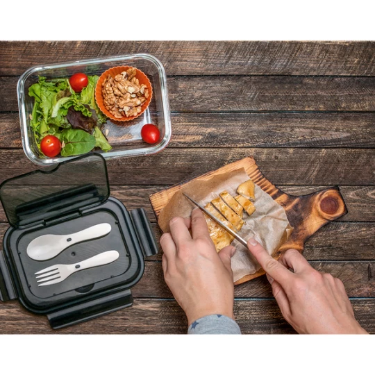 Szklany lunch box ze sztućcami 1000 ml Lagos, czarny (R08444.02)