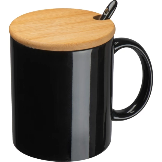 Kubek ceramiczny z łyżeczką 300 ml - czarny - (GM-82969-03)