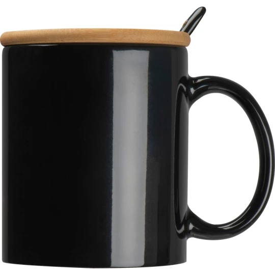 Kubek ceramiczny z łyżeczką 300 ml - czarny - (GM-82969-03)