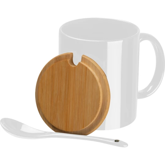 Kubek ceramiczny z łyżeczką 300 ml - biały - (GM-82969-06)