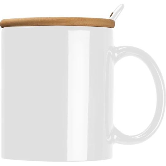 Kubek ceramiczny z łyżeczką 300 ml - biały - (GM-82969-06)
