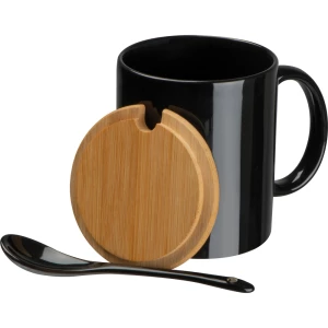 Kubek ceramiczny z łyżeczką 300 ml - czarny - (GM-82969-03)