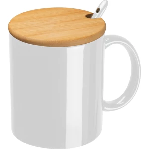 Kubek ceramiczny z łyżeczką 300 ml - biały - (GM-82969-06)